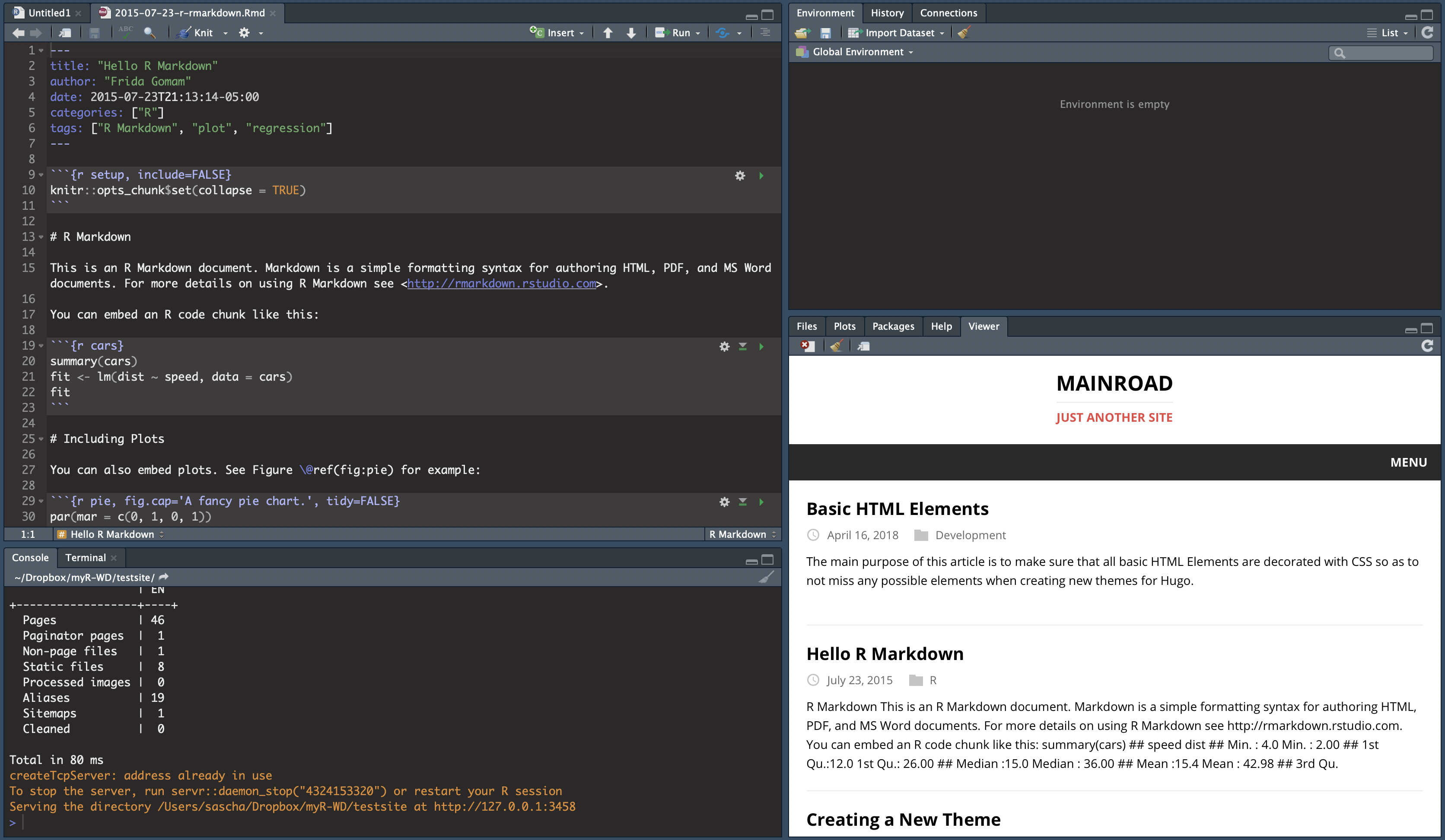 This is what your RStudio window should look like after creating a new site with the „mainroad“ theme.